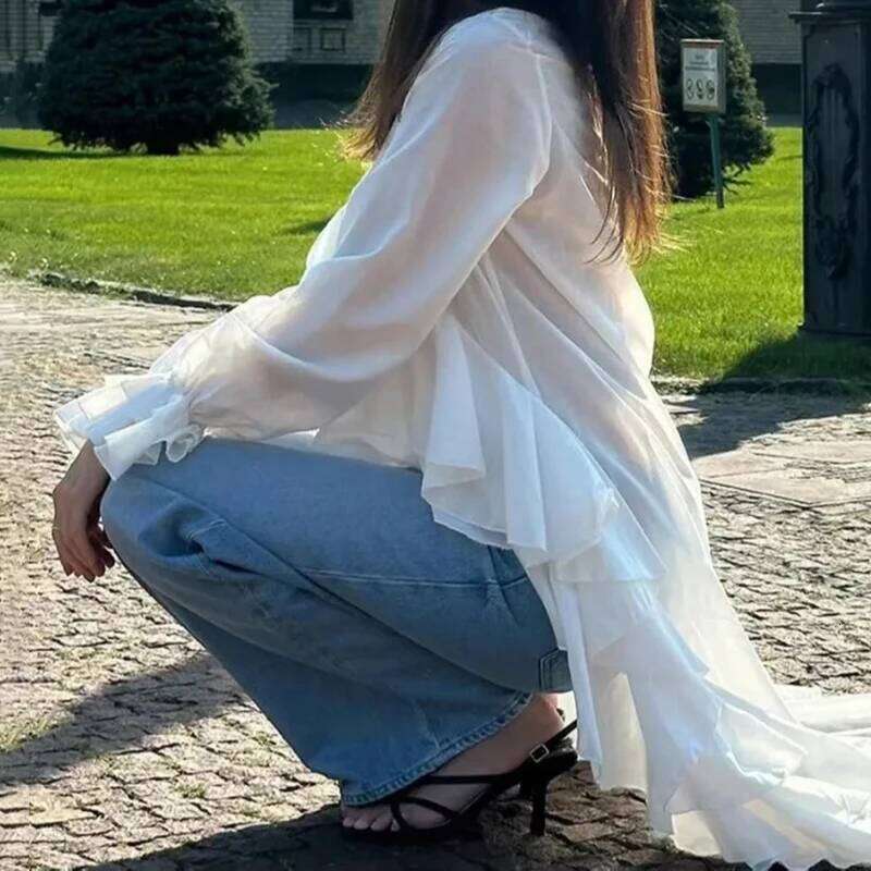 For Women Ruffles V-Neck Sleeve Chic Casual Shirts Spring Summer 2025 New Comfortable Female Fashion Long Blouses