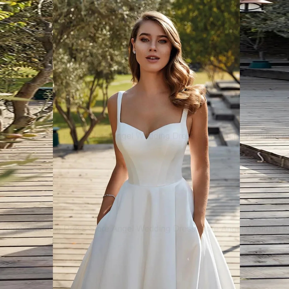 2025 Elegant A-Line Wedding Dress Sweetherat Backless Buttons Straps Women Satin Bride Bridal Gowns Button Plus Size Vestidos De Novia