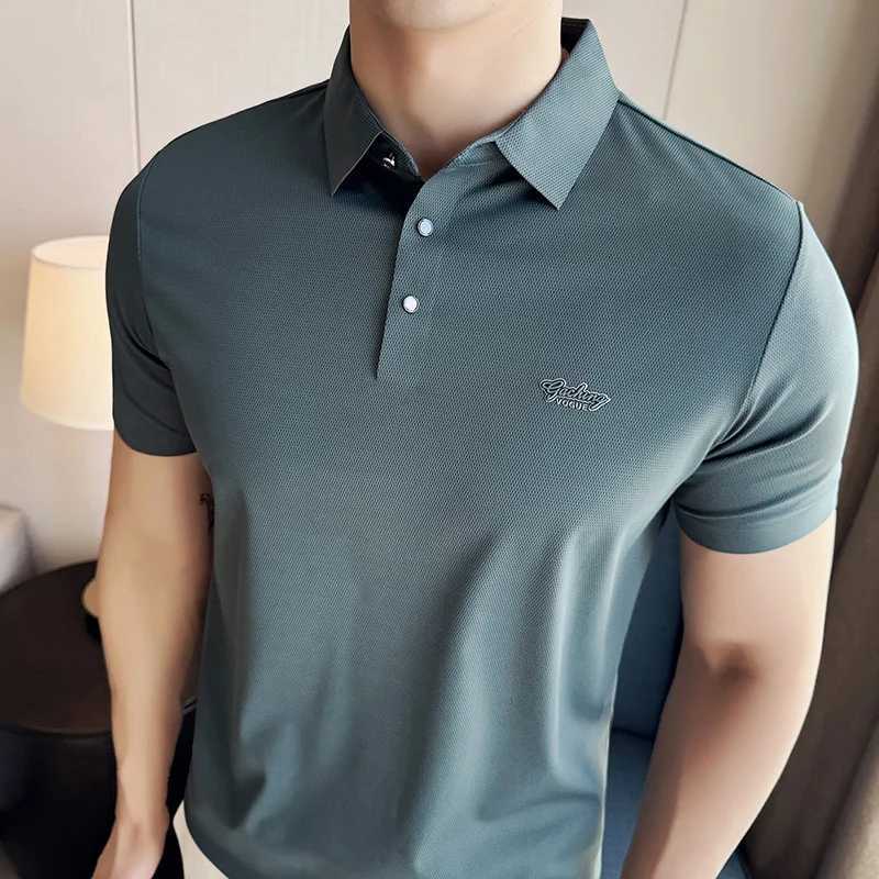 High Elasticity Mens Short Sleeve POLO Shirt 2024 Summer New Solid Casual Pure Cotton Slim Fit Embroidered T-shirt Mens Clothing XJ250605