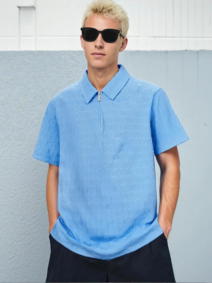 SpringSummer Mens Polo Shirt Checkered Pattern Zipper Decoration Lapel Solid Color Clothing Short Sleeve Tee 250527