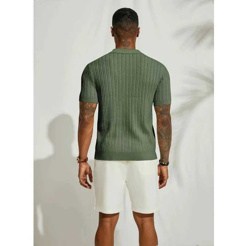 Summer Short Sleeve Mens Polo Shirts Fashion Solid Striped Loose Cardigan Turn Down Collar Shirt Male Casual Knitted Polos TopXJ250605