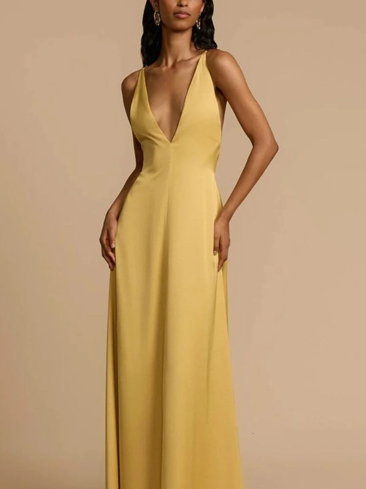 Chic Yellow Backless Sling Long Dress Elegant V Neck Sleeveless High Waist Slim Vestido 2025 Summer Fashion Lady Commute 250604
