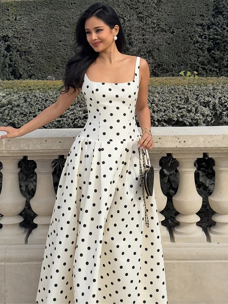 Vintage Polka Dot Printed High Waisted Sling Long Dresses Women Elegant Backless Sleeveless Robes Chic Lady Party Dresses 250604