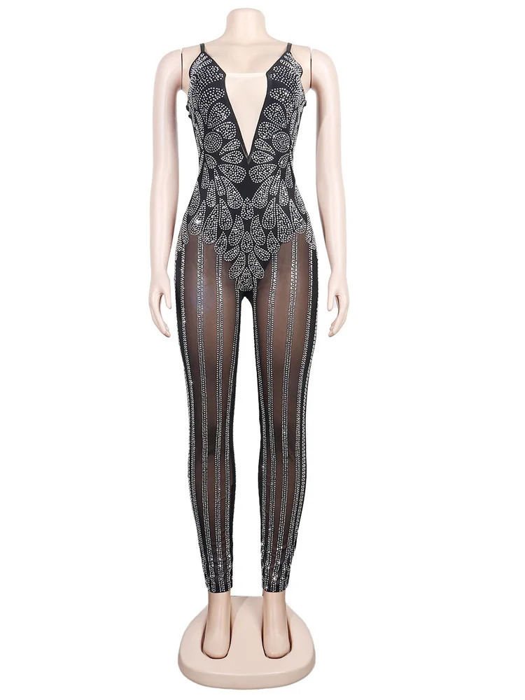 Kricesseen Sexy Rhinestone Crystal Sheer Skinny Jumpsuits Women Strap Mesh Patchwork s Rompers Night Clubwear Outfits 250521