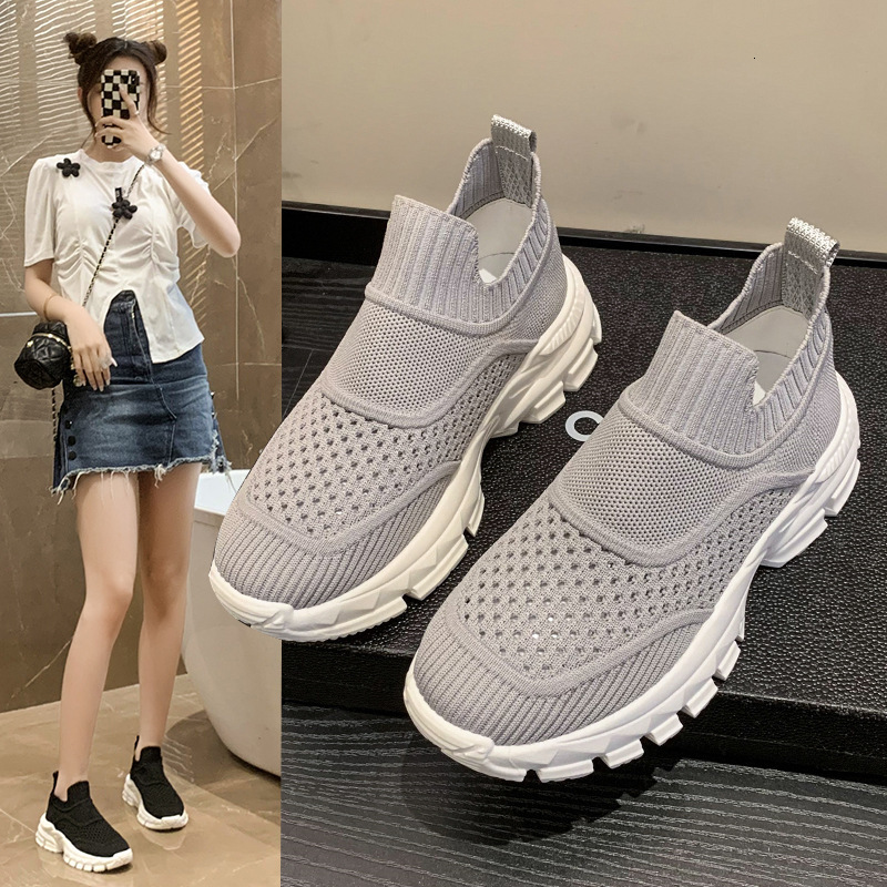 Flyknit Sneakers Summer New Mesh Breathable Lightweight Casual Shoes Thick Sole Slip On Casual Running Shoes For Women Trendy Ddmysaturn