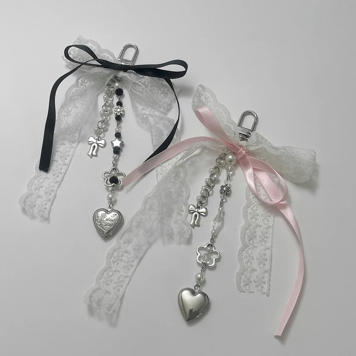 Goth Y2K Lace Bow Key Chain Heart Charm Pendant Kawaii Leopard Key Chain for Bag Accessory Women Trendy Tassel Chain Jewelry 250605