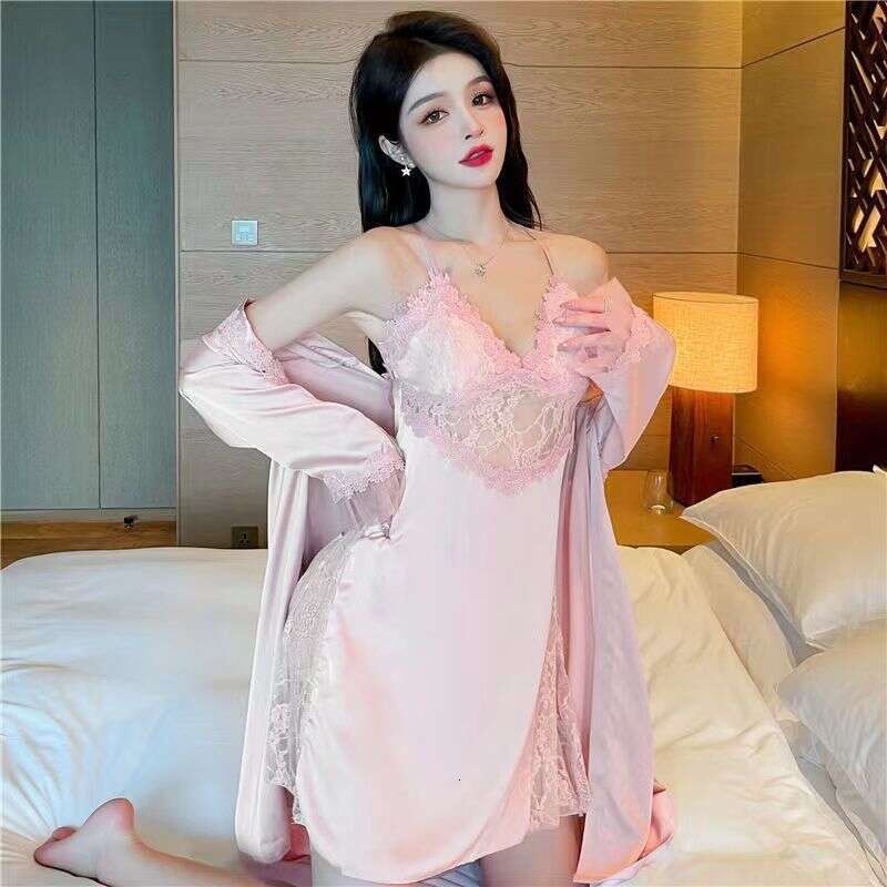 Sexy Strap Nightdress New Women's Summer Pure Desire Style Ice Silk Backless Hollow Out Lingerie Sleepwear Robe Two-Piece Set