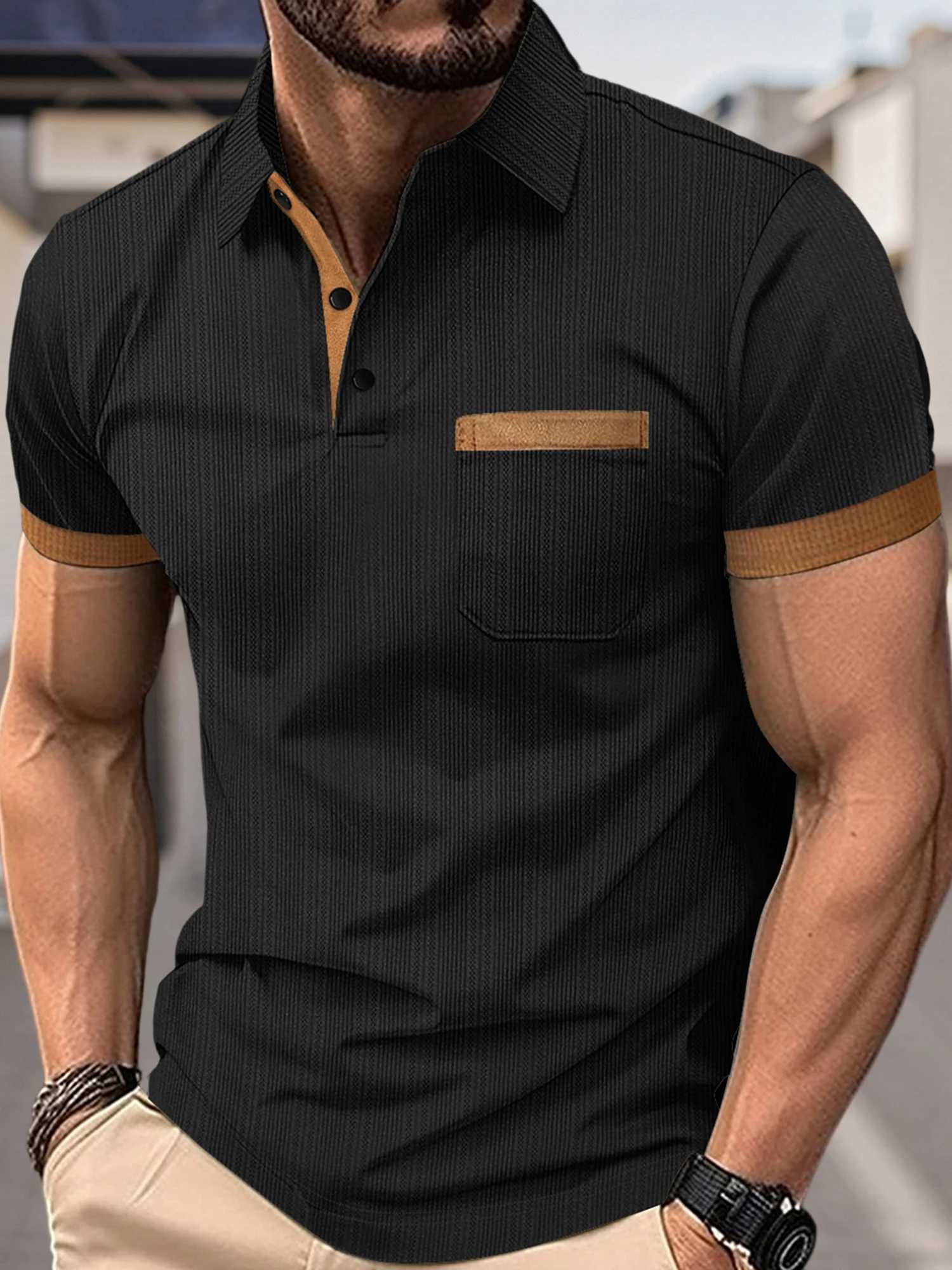 Mens Summer Lapel T-Shirt with Stylish Contrast Colors and Short Sleeves - Perfect for Beach Vacations and Streetwear Fashion XJ250605