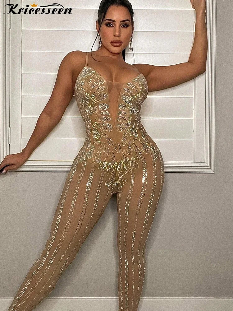Kricesseen Sexy Rhinestone Crystal Sheer Skinny Jumpsuits Women Strap Mesh Patchwork s Rompers Night Clubwear Outfits 250521
