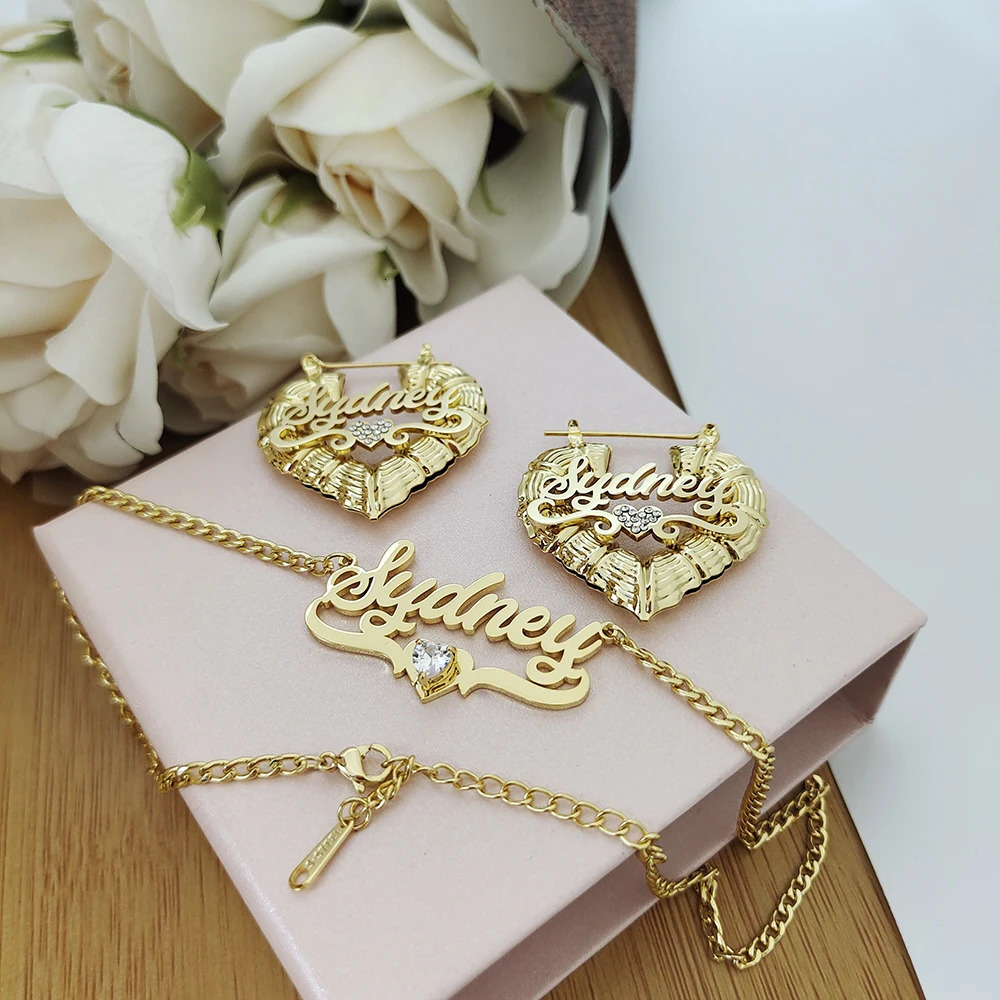 Custom Name Jewelry Sets Stainless Steel Heart Bamboo Earrings and Zircon Necklace with Letters Women Childrens Gifts 250530