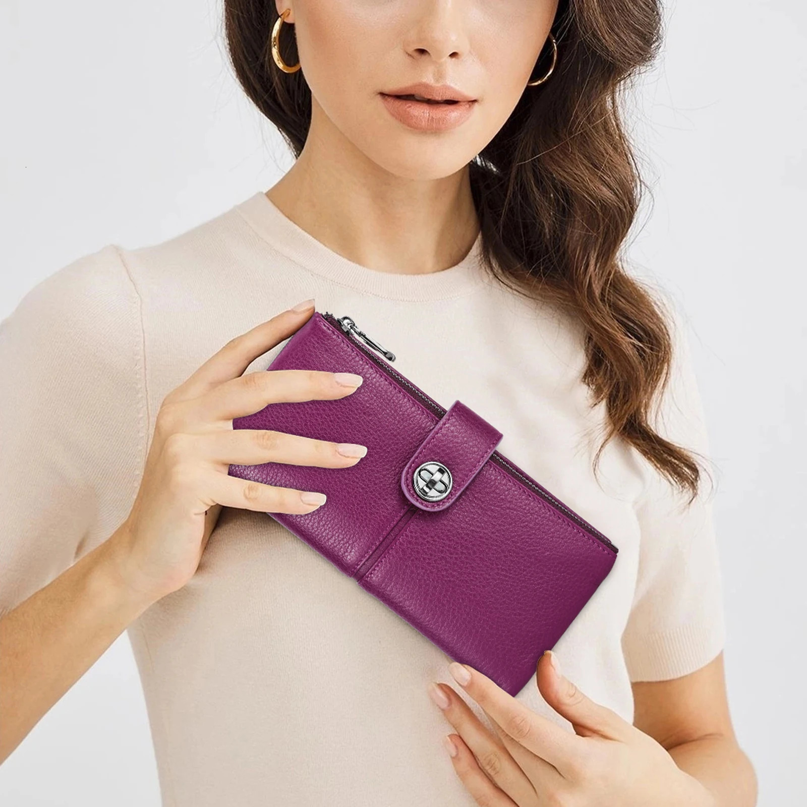 CONTACTS Genuine Leather Long Wallets for Women Full Grain AirTag Purse Card Holder Money Clip Coin Clutch Wallet 250605