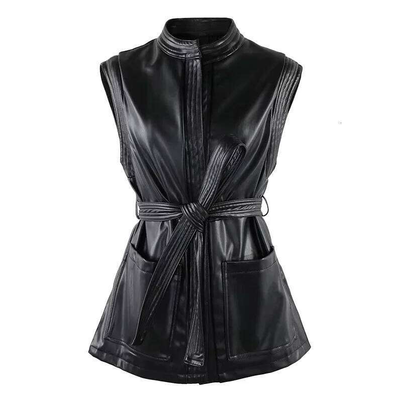 Mauroicardi Spring Short Black Soft Pu Leather Vest Women with Side Slit Sashes Stand Collar Chic Sleeveless Jacket 2025