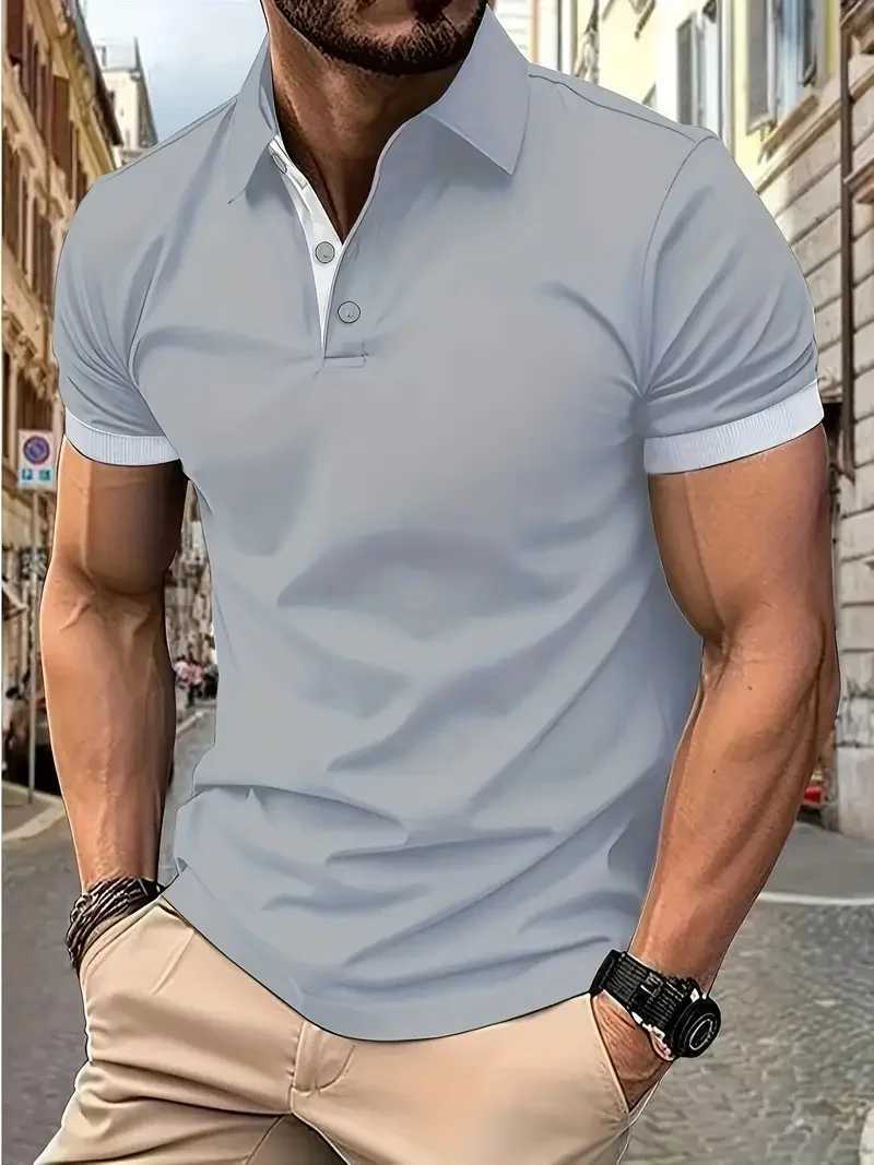 2025 Summer Mens Solid Color Polo Shirt Short-Sleeved Stand-Up Collar Button T-Shirt Mens Casual Street Wear Lightweight Top XJ250605