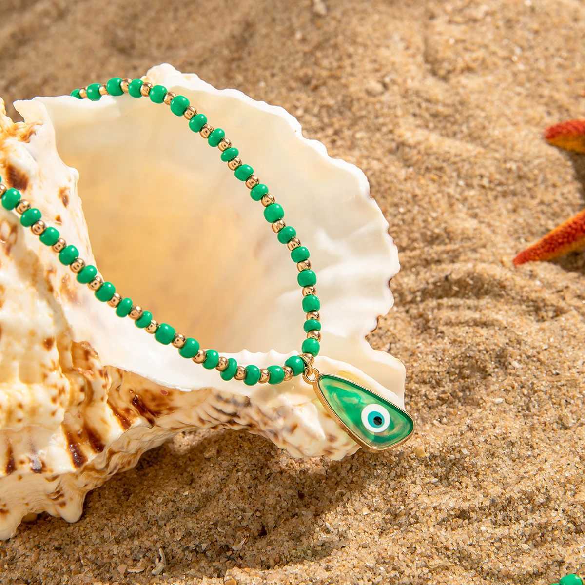 Tocona Bohemia Green Color Bead Flower Pendant Necklace for Women Fashion Summer Adjustable Geometric Beach Jewelry Party GiftXJ250604