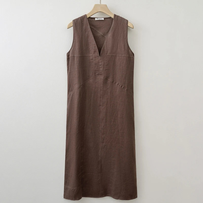 Summer Women Solid Linen V Neck Sleeveless Fashion Dress Split Tank Dress 250529