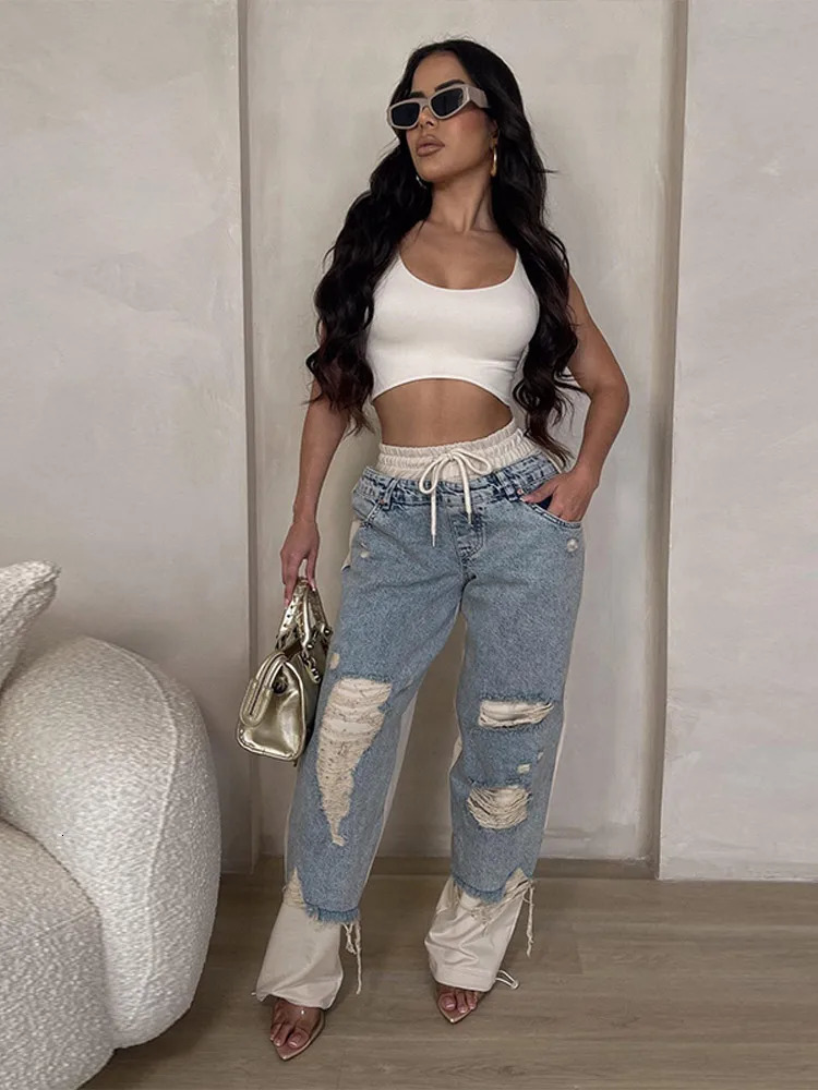 Woman Hole Style Patchwork Denim Pants Casual Street Womens Trousers Fashion Multicolored Elastic Waist Straight Jeans 250604