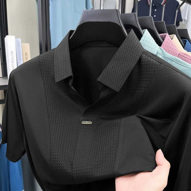 Personality jacquard splicing short sleeve Polo shirt men ice silk breathable high quality fashionable buttonless V-neck T-shirt XJ250605