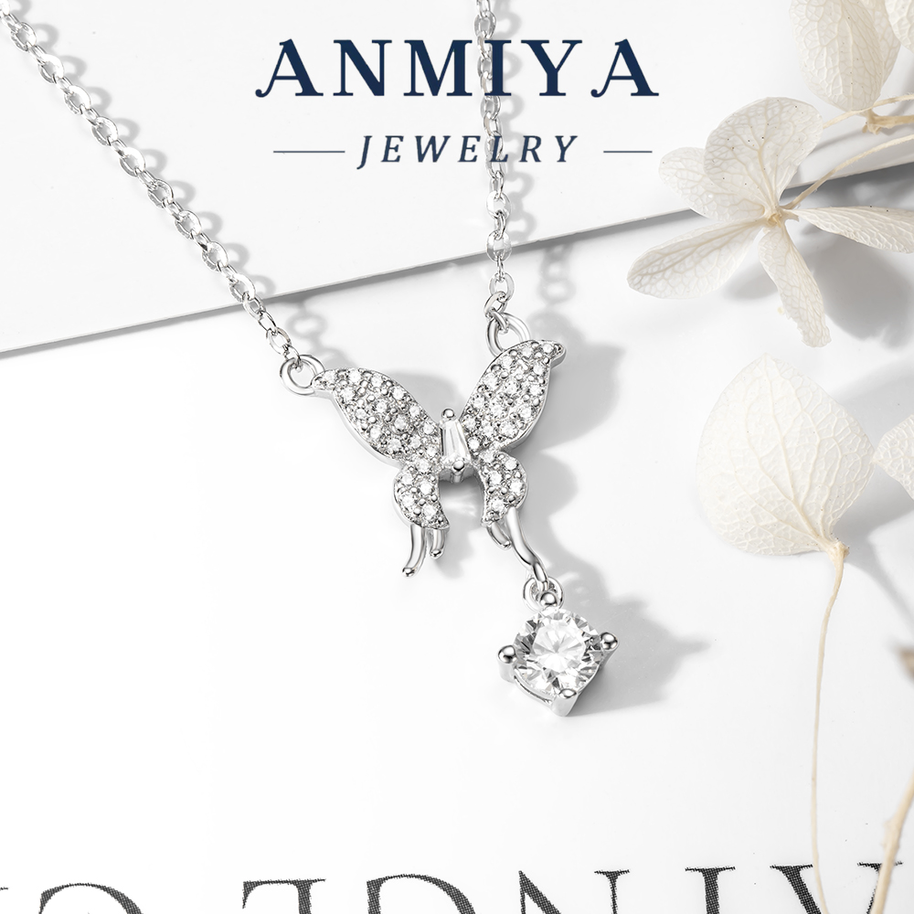 Vintage Silver Jewelry Butterfly Necklace Incorporating Geometric Zircon Pendant Design, 925 Antique Necklace for Outfits