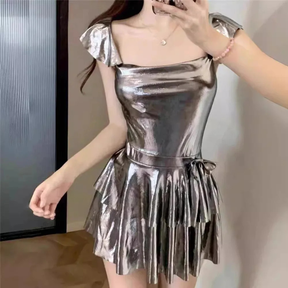 Women Solid Color Onepiece Dress Swimsuit Sexy Backless Slim Fit Sleeveless Pleated Dress 250604