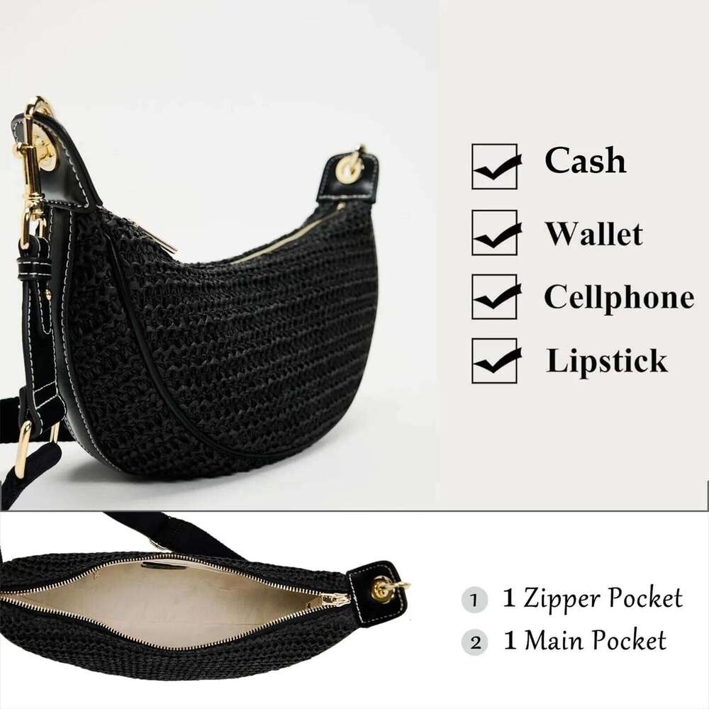 Half Moon Straw Underarm Bags For Women Designer Handbags And Purses New In Fashion Weave Hollow Shoulder Crossbody