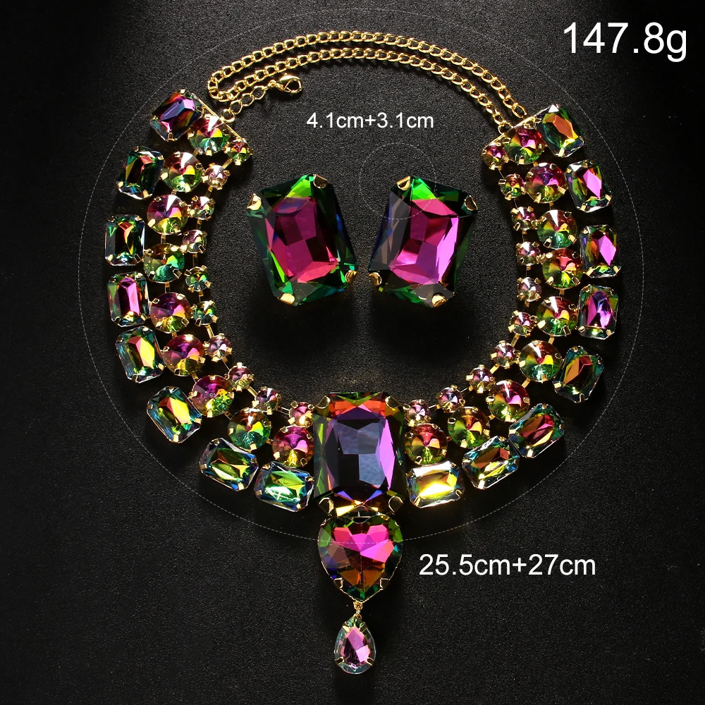 Stonefans Opulent Large Necklace Earring Set Indian Boho Party Wedding Set Statement Oversized Drag Queen Costume Necklace Gift 250604