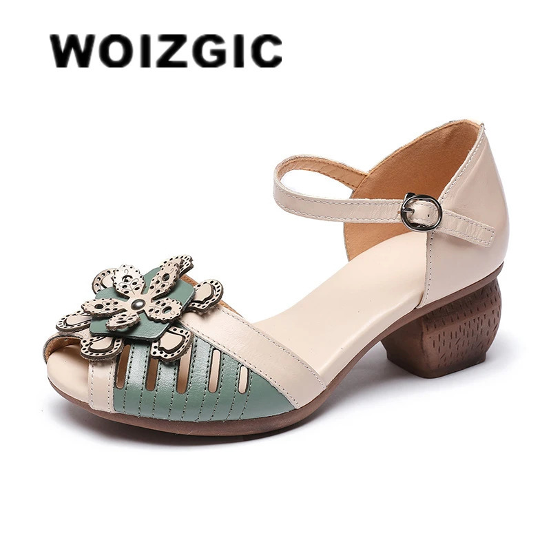 WOIZGIC Women Mother Ladies Female Genuine Leather Sandals Shoes Platform Summer Cool Beach Retro Flowers High Heel Buckle Strap 250605