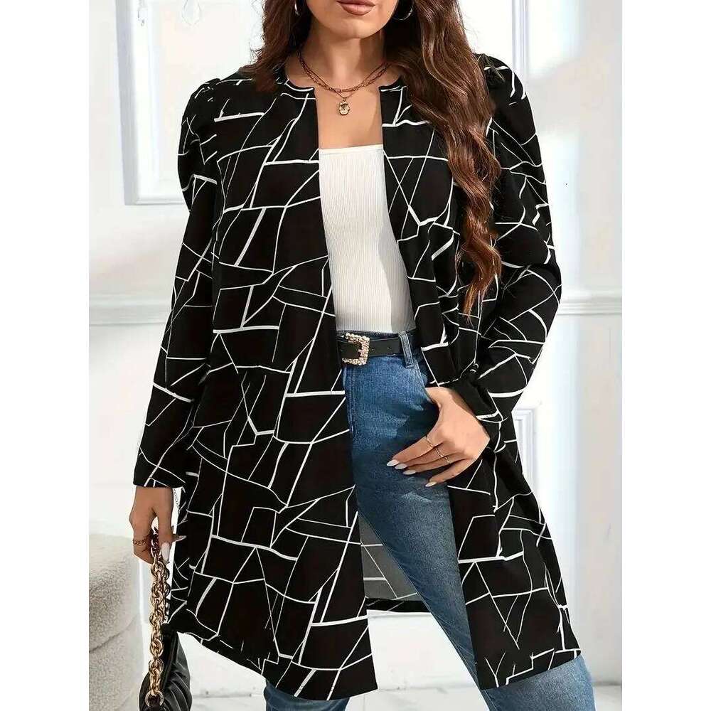 GIBSIE Plus Size Geo Print Open Front O-Neck Coat Women Spring Autumn Black Elegant Long Sleeve OL Female Loose Coats