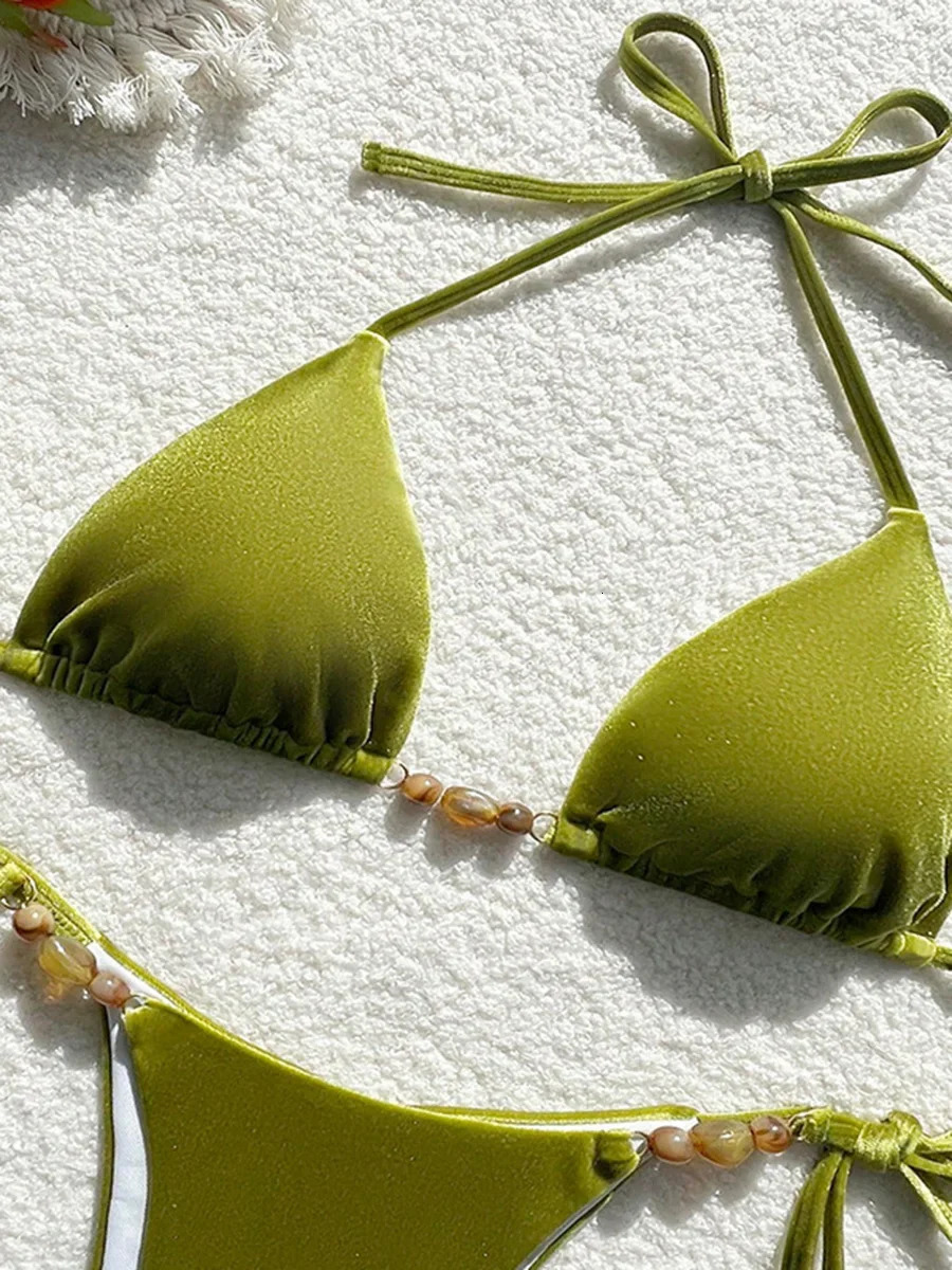 Sexy Beads Halter Velvet Bikini Female Swimsuit Women Swimwear Twopieces Set High Cut Bather Bathing Suit Swim Beachwear 250604