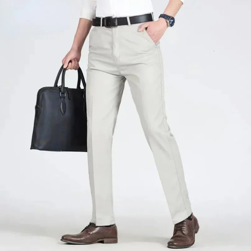 Summer Thin Pants 100 Cotton Mens Autumn Thick Suit Pant Slacks High Waist Straight Loose Bland Solid Business Casual 250605A