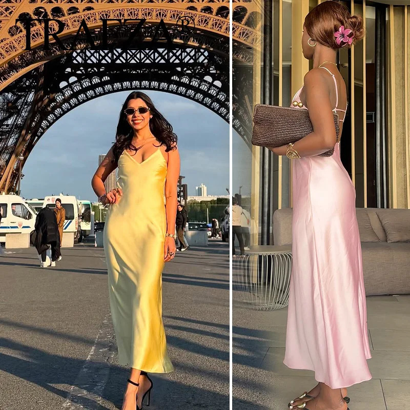 TRAFZA Summer Women VNeck Long Dress Elegant Slim Stain Pink Solid Strapless Backless For Evening Party 250604
