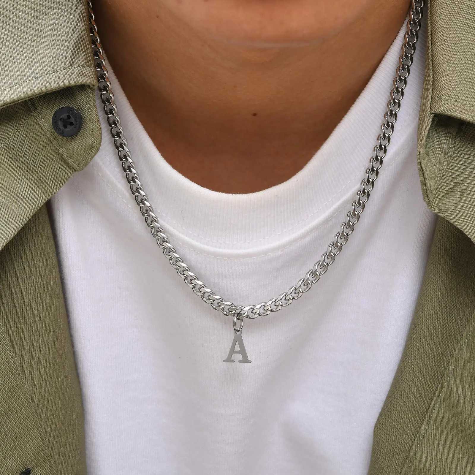 Initials Cuban Chain Necklaces for Men Boys Waterproof A-Z 26 Alphabet Charm Pendant with 50cm/19.7 Stainless Steel Chain Gifts XJ250604