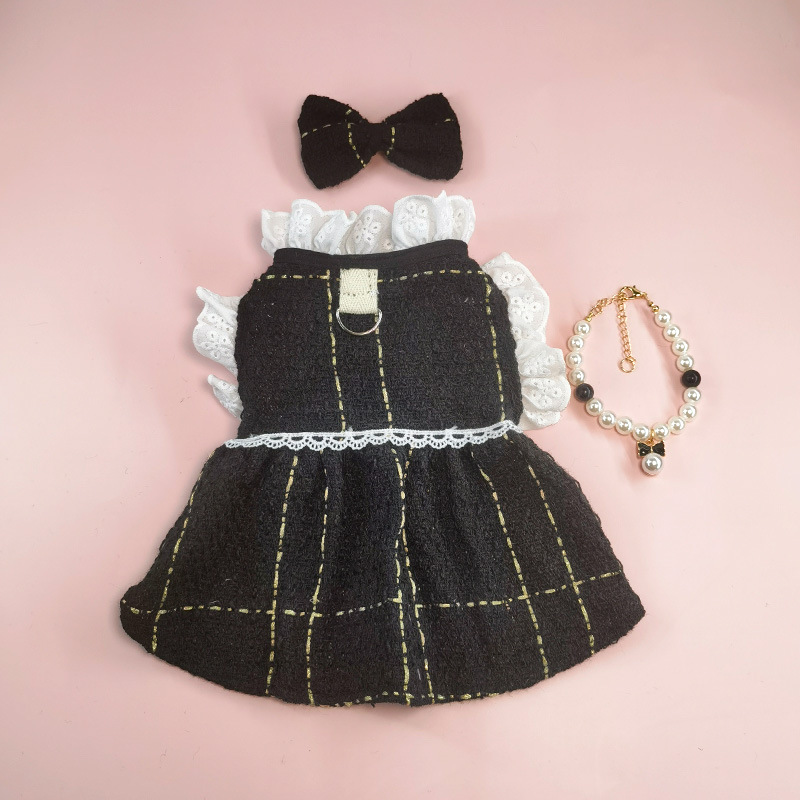 Cute Dog Dress Clothes for Small Dogs Cats Girl, Plaid Bow Tie Dog Harness Dresses with Pearls Bow Accessories Birthday Puppy Dress Yorkies Chihuahua 