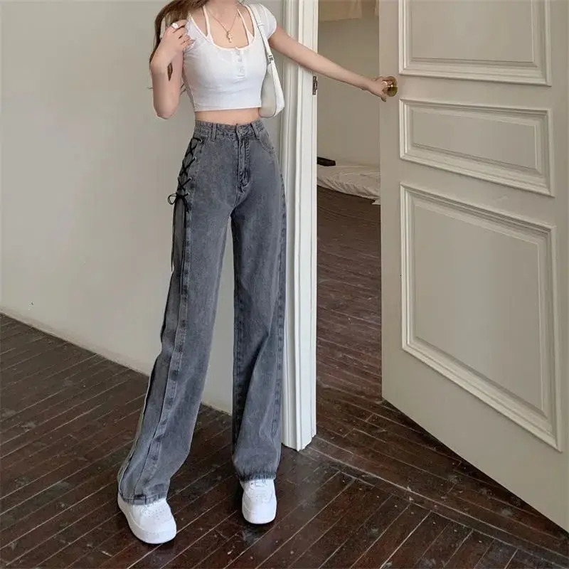 Fashion 90s Loosefit Denim Pants for Women Spring Autumn Korean In Woman Straight Leg Jeans High Waist S Trousers 250604