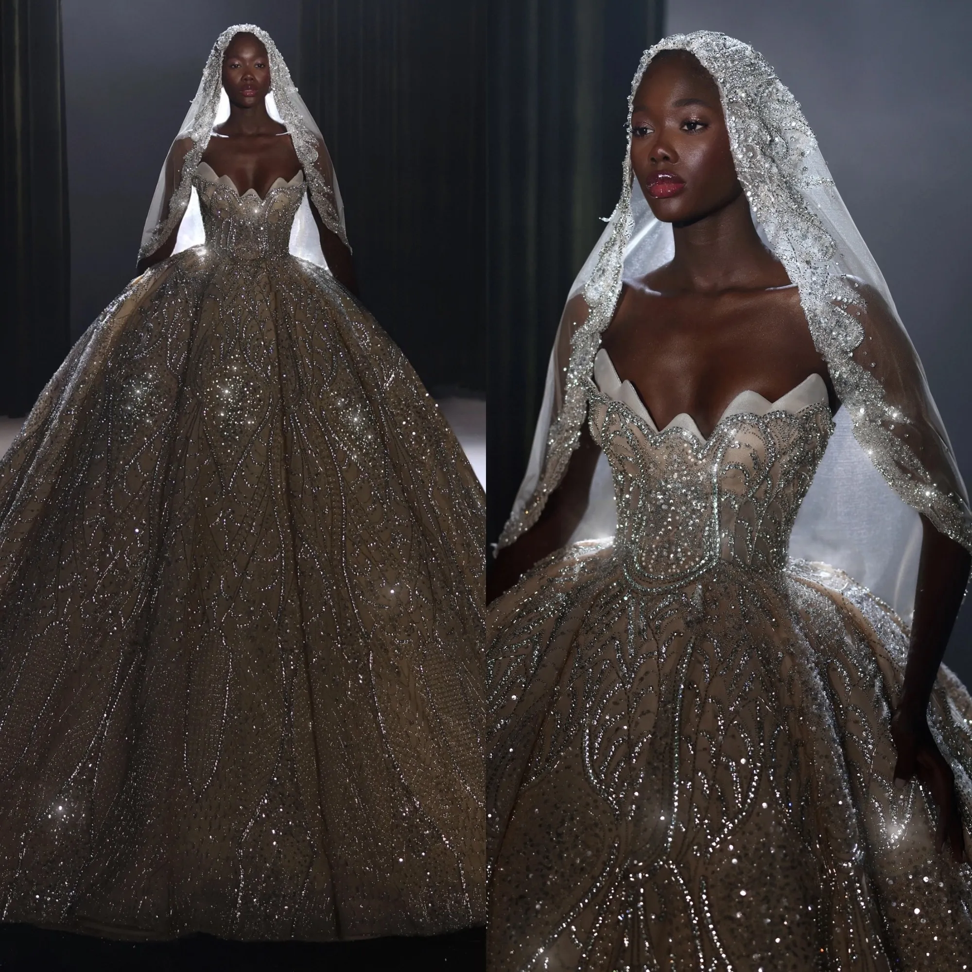 Gorgeous Champagne Crystal Ball Gown Wedding Beaded Strapless Bridal Gowns Arabic Sequined Sweep Train vestido de novia