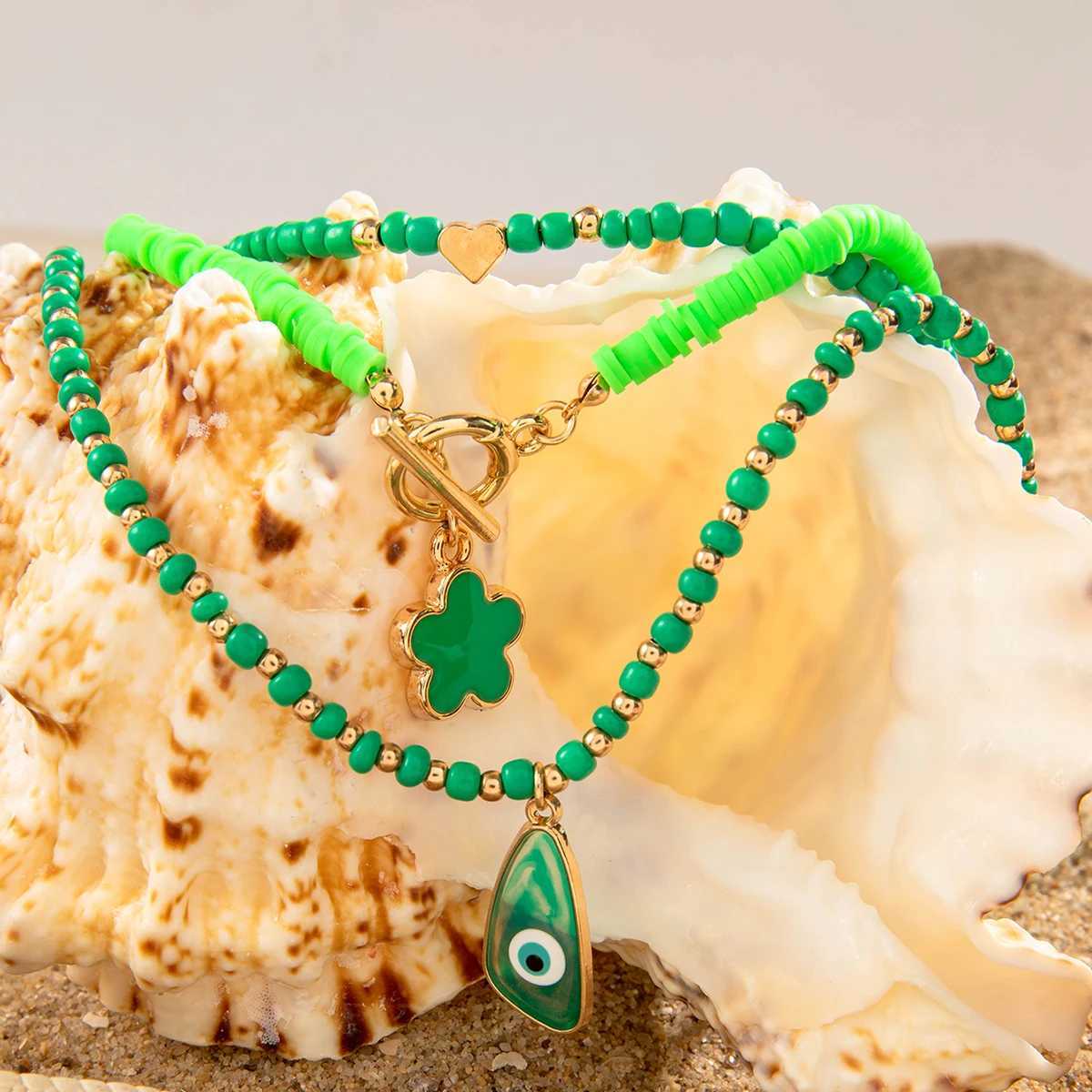 Tocona Bohemia Green Color Bead Flower Pendant Necklace for Women Fashion Summer Adjustable Geometric Beach Jewelry Party GiftXJ250604