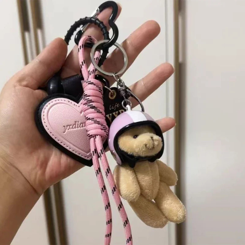 Cute Helmet Bear Pendant DIY Personality Car Key Chain Decoration Charm Woven Rope Hanging Mobile Phone Key Ring Bag Accessories 250604