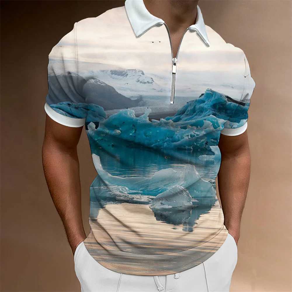 Mens Fashion Polo Shirts 2022 Summer Glacier Pattern Zipper Mens Polo Shirt Solid T-shirt Brand Short-sleeved Shirt Casual Tops XJ250605