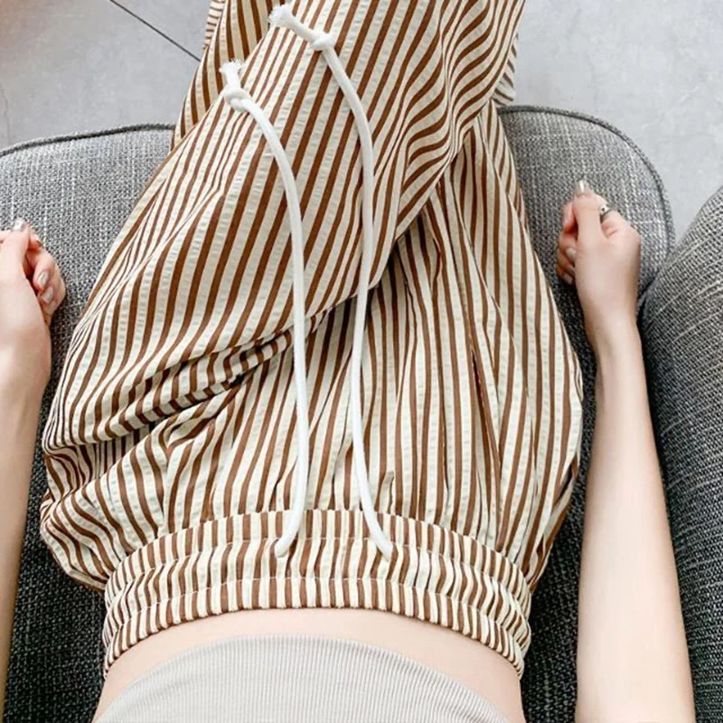Vertical Stripe Drawstring High Waisted Straight Wide Leg Long Pants Clothes Vintage Casual Women Summer Trousers OL Trend 250604