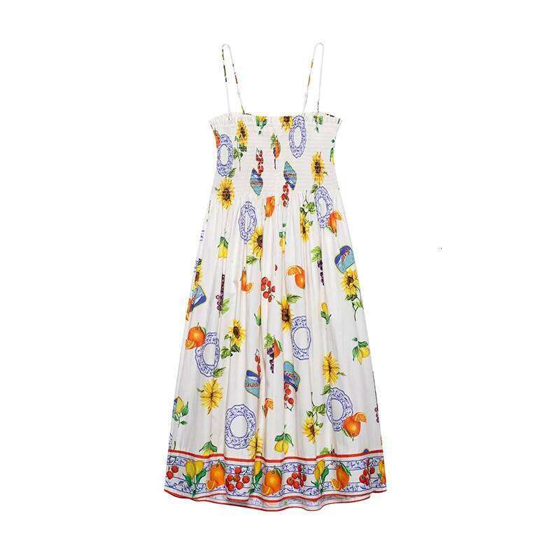 RAFZNB Women's Print Pleated Fashion Thin Straps Sleeveless Dress Summer Sexy Off Shoulder Female Elegant Party Dresses