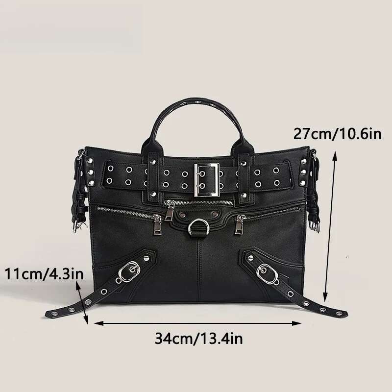 Women Black Goth 2024 Fashion Woman Ladies Moto And Biker Style Shoulder Rivet Belt Large Capacity Tote Bag