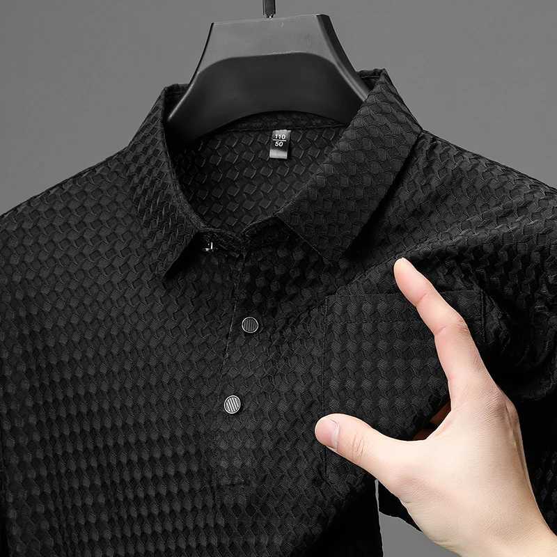 Elastic Mens Summer Ice Silk Short-sleeved T-shirt Middle-aged Dad Wear Lapel Polo Shirt Cool Top Clothes XJ250605