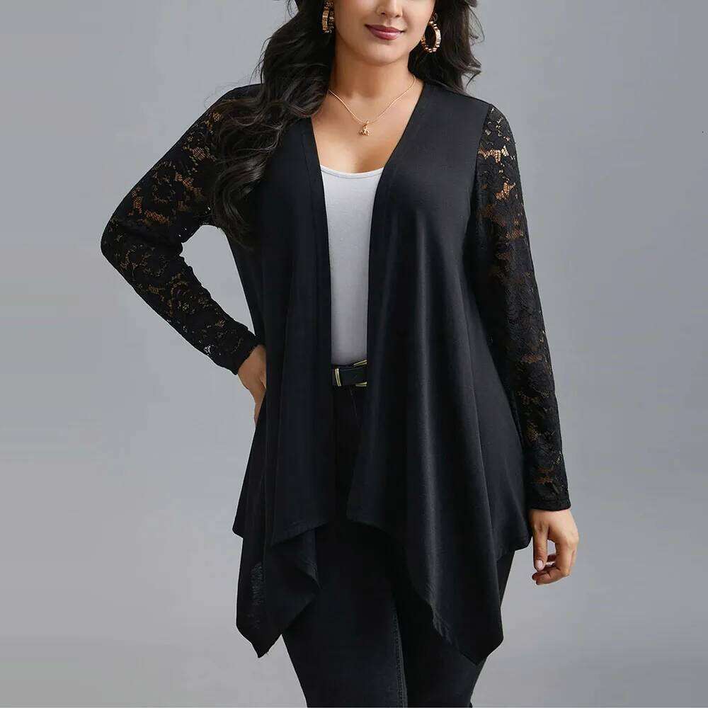 Women's Plus Size Elegant Cardigans Floral Lace Patchwork Long Sleeves Asymmetrical Spring Office Ladies Loose Solid Outwears