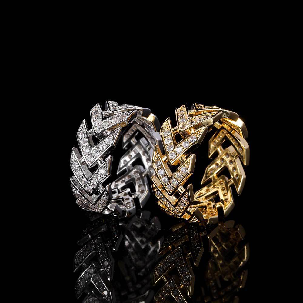 New hip hop V-shaped arrow ring real gold plated copper set Moissanite hiphop mens ring moissanite