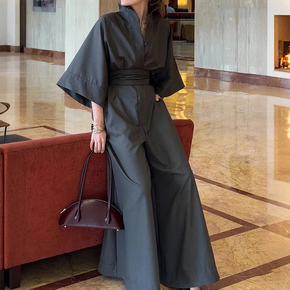 Wefads Half Sleeve V-Neck Women Jumpsuit Fashion Waist Super Long Wide Leg Jumpsuit Lady Casual Loose Pocket Bodysuit 250530