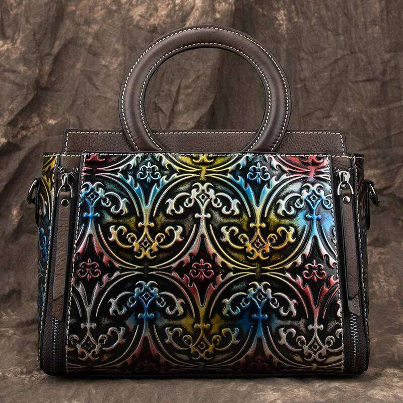 Johnature Bag Genuine Leather Retro Women Handbag 2025 New Handmade Eming Cowhide Floral Shoulder & Crossbody Bags 2025/06/05