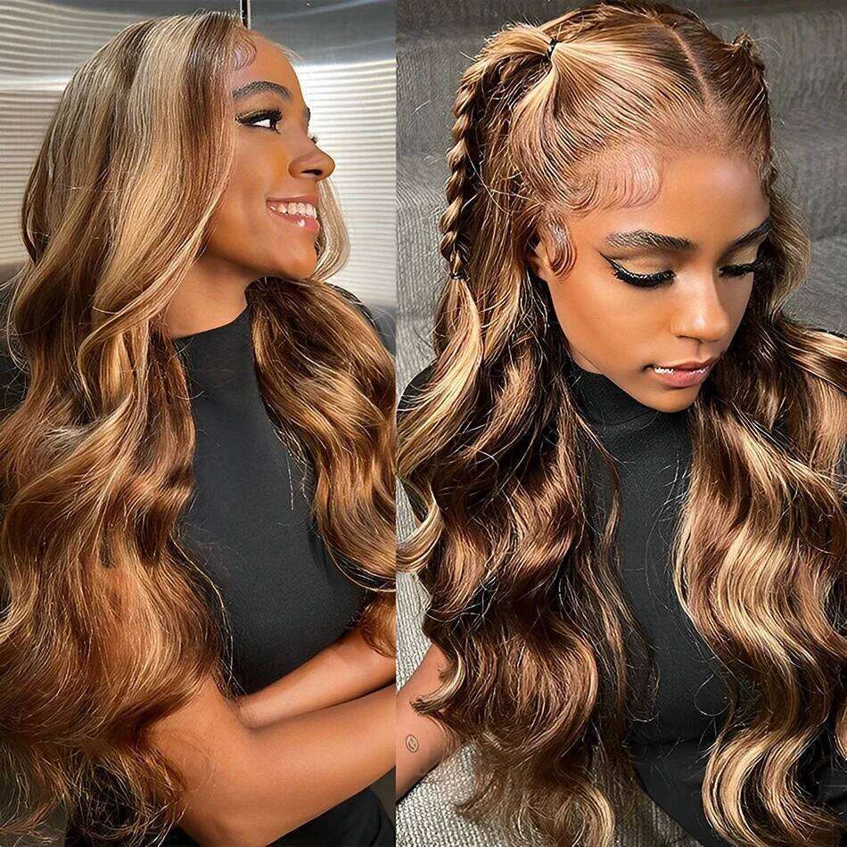 Highlight 100% Human Hair Ombre Brown Frontal Brazilian Bleached Wigs Woman Honey Blond Body Wave Lace Front Wig