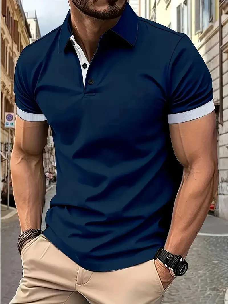 2025 Summer Mens Solid Color Polo Shirt Short-Sleeved Stand-Up Collar Button T-Shirt Mens Casual Street Wear Lightweight Top XJ250605
