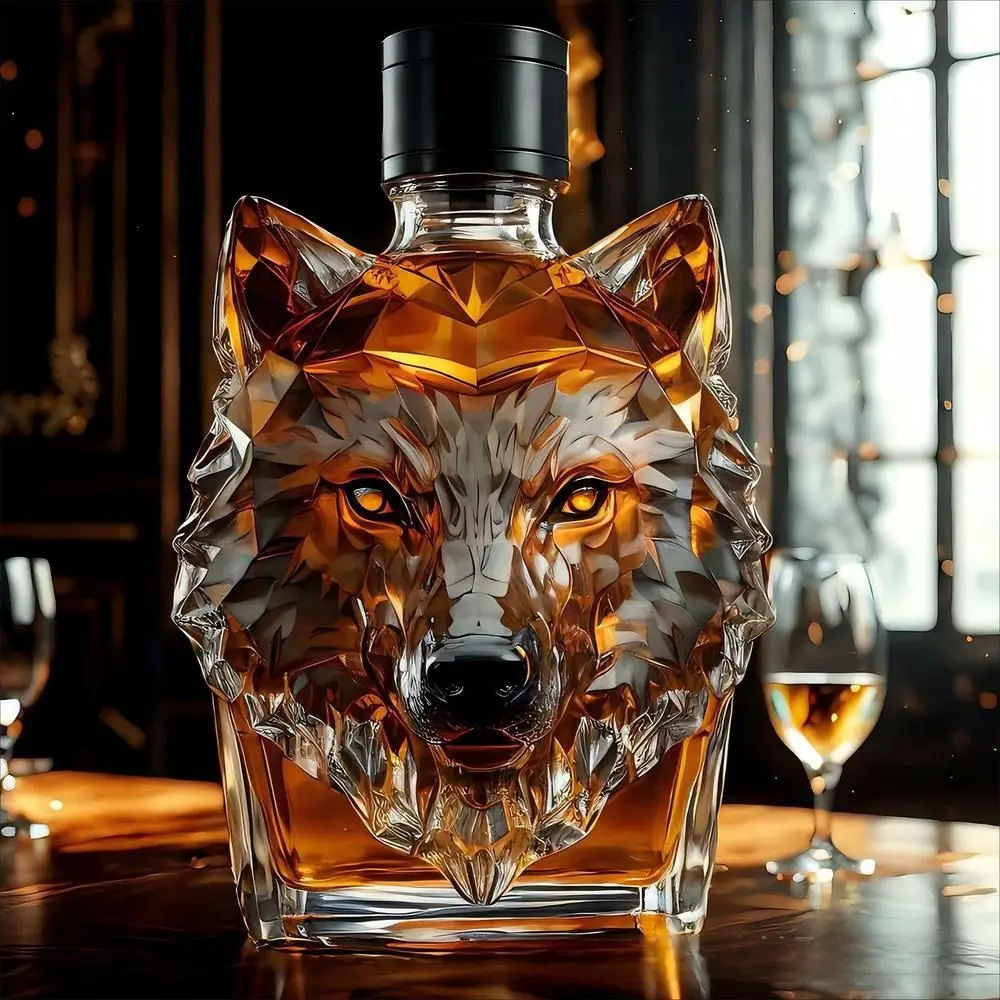 Unique Wolf Head Shape Whiskey Bottle 300 Ml Transparent Glass Decanter Sturdy with Cover Wine Glass Home Bar 250605