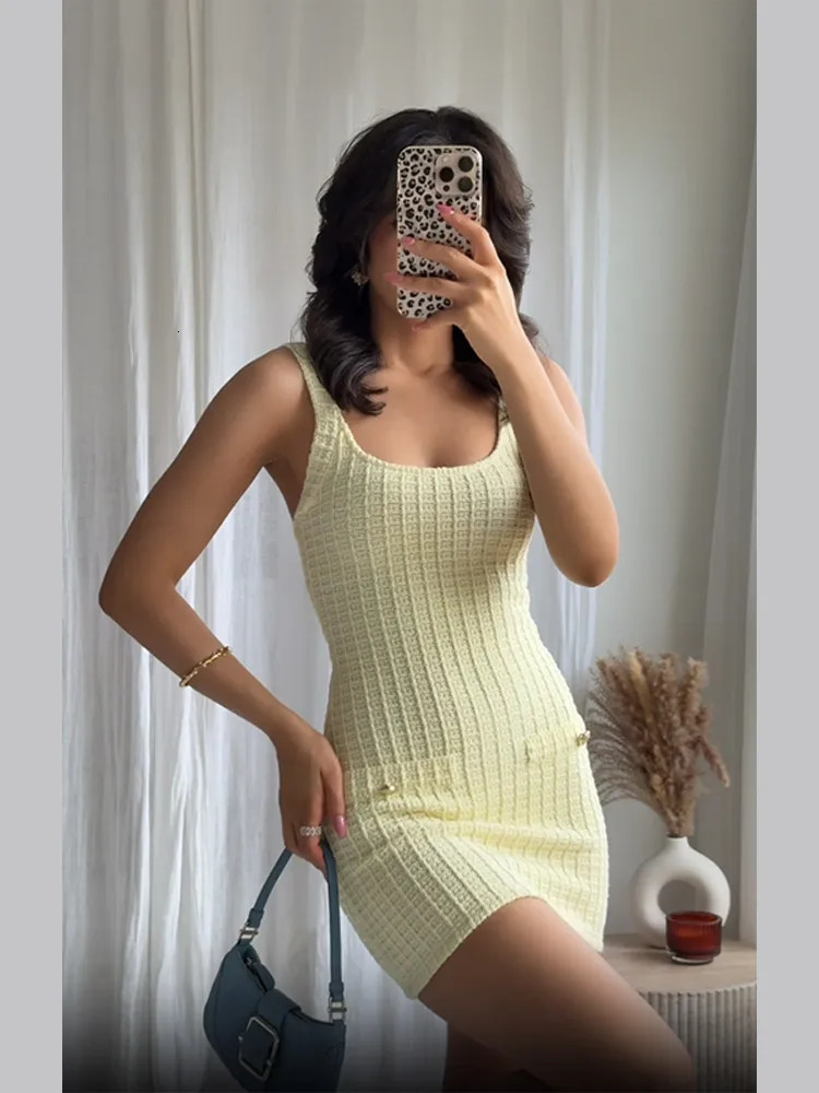 Butter Yellow Elasticity Knitted Mini Dress Women Elegant Splicing Bodycon Sleeveless Backless Gowns Lady High Street Vestidos 250604