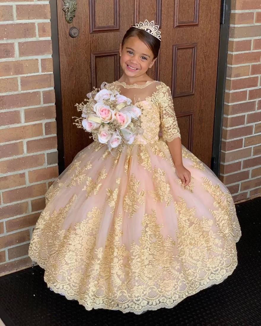 Blush/Gold Flower Girls Dresses 2025 1/2 Long Sleeves & Big Bow Backless Unique Luxury Girls Birthday Dress Full Length Custom Made